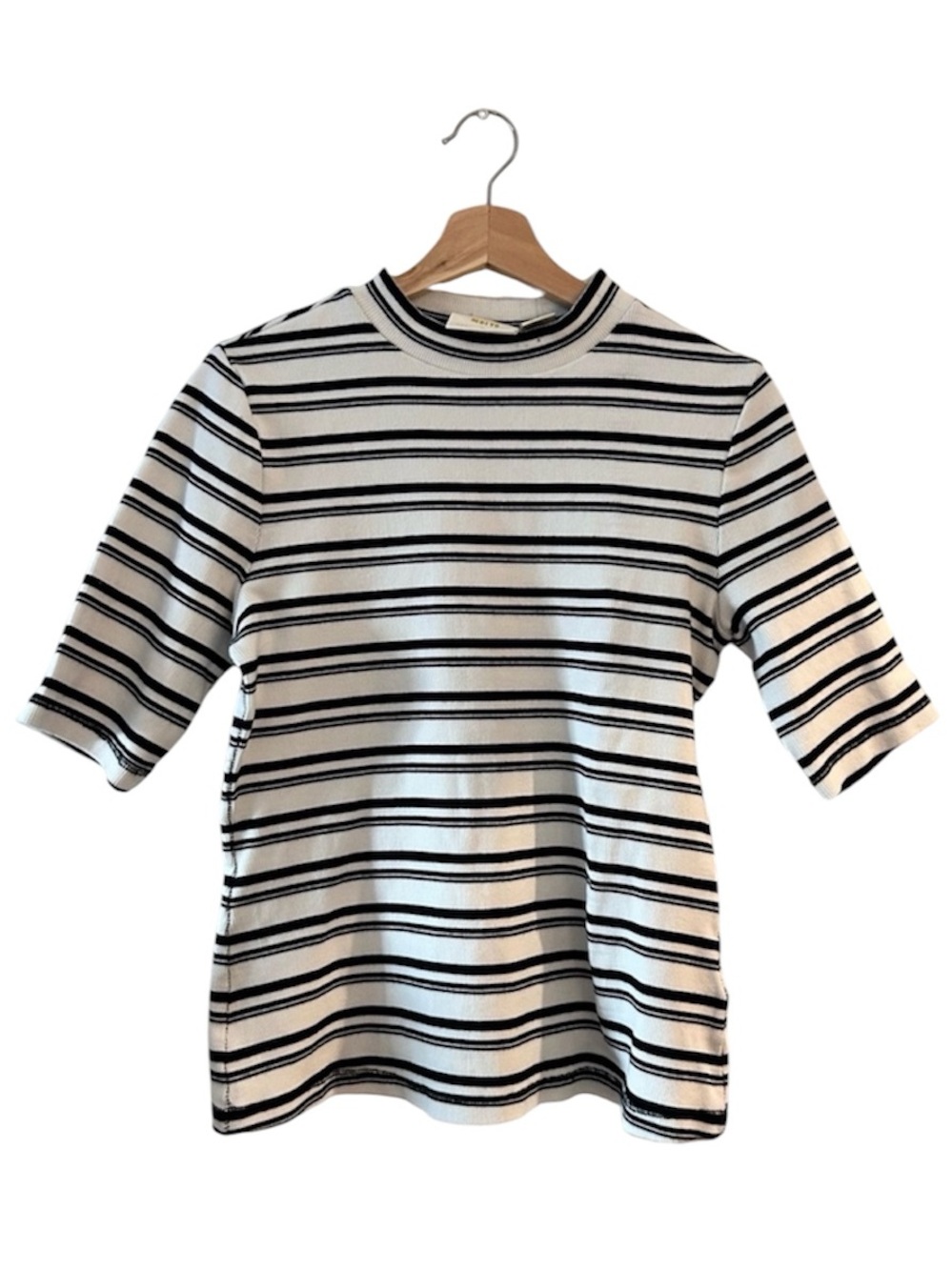 Anthropologie Striped Mock Neck Top Size Medium Black White Ribbed Euro